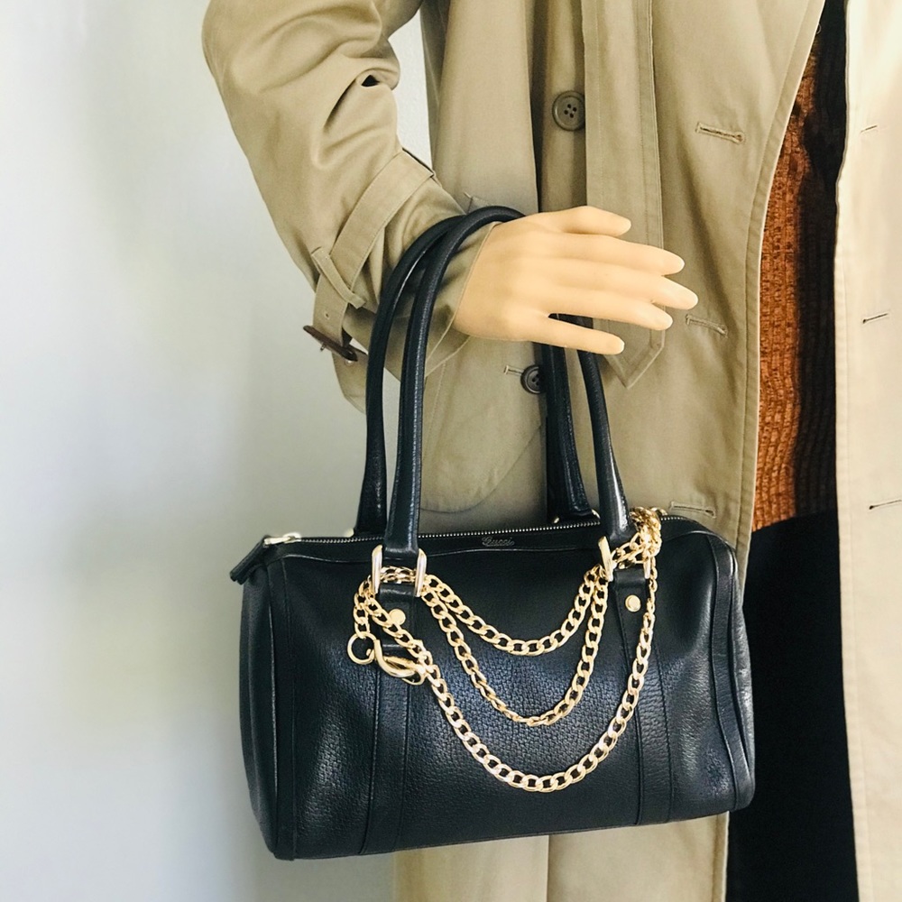 Gucci Black Leather Satchel with Gold Chain Detail